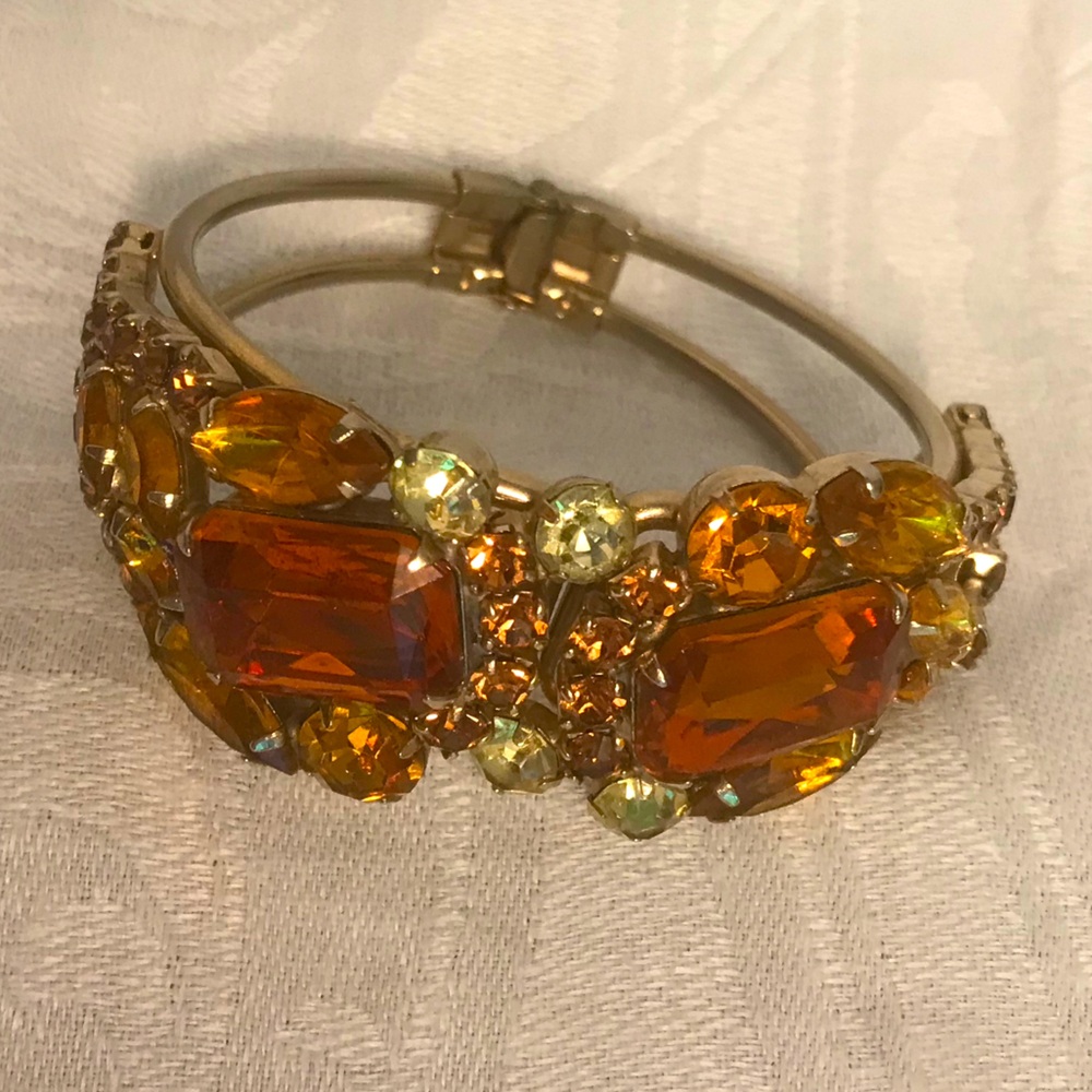 Vintage Multi Tone Amber and Clear Rhinestone Hinged Cuff Bracelet